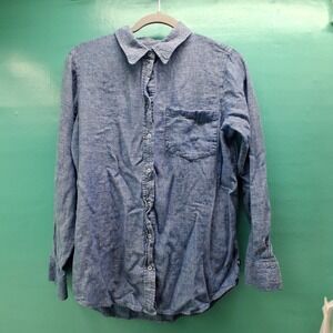 Gap Linen Blend Button Down Shirt Small Blue Chambray Coastal Minimalist